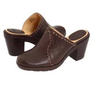 FRYE Candy Pickstitch Brown Leather Chunky Heel Mules Clogs